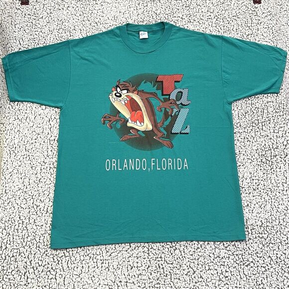 VTG 90s Taz Orlando Florida Mens Shirt XL Velva Sheen Tasmanian Devil Green USA - Picture 11 of 11